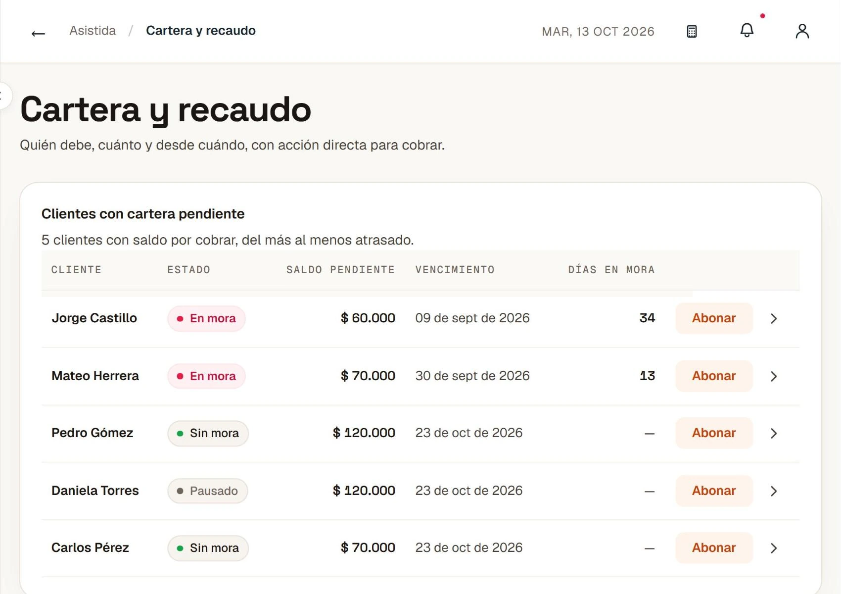 ASISTIDA, pantalla de cartera con datos de un negocio de prueba