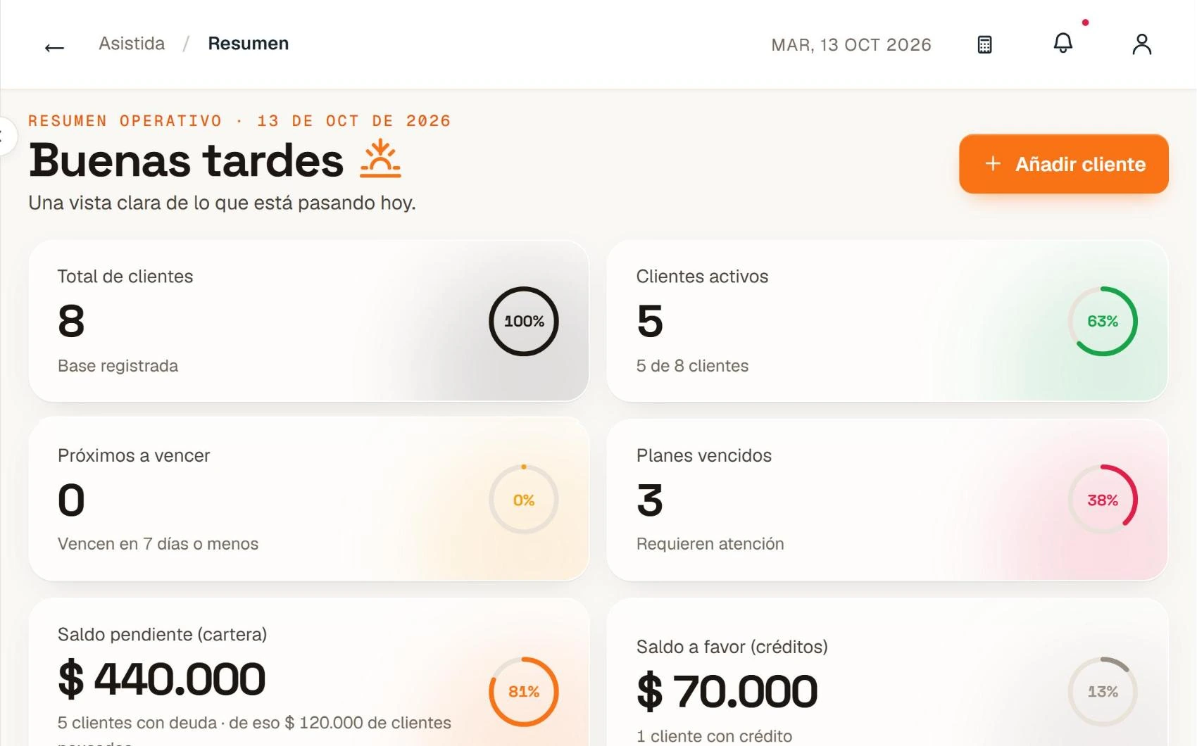 ASISTIDA, pantalla de resumen con datos de un negocio de prueba